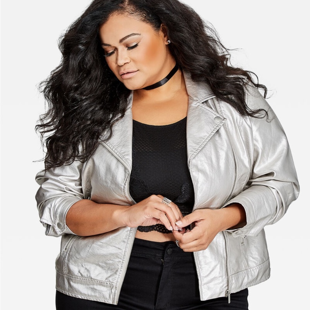 ASHLEY STEWART METALLIC SILVER MOTO JACKET 14/16